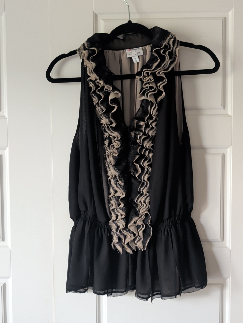Robert Rodriguez Black Top with Beige Ruffle Detail Size XL